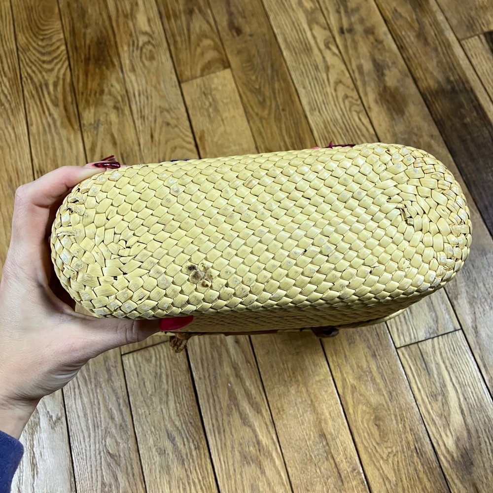 Vintage Straw Woven Tote Bag Floral Feather Embroidery‎ Top Handle Clutch - Picture 8 of 9